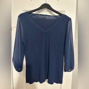 Tahari Navy Blouse Sheer Sleeves M